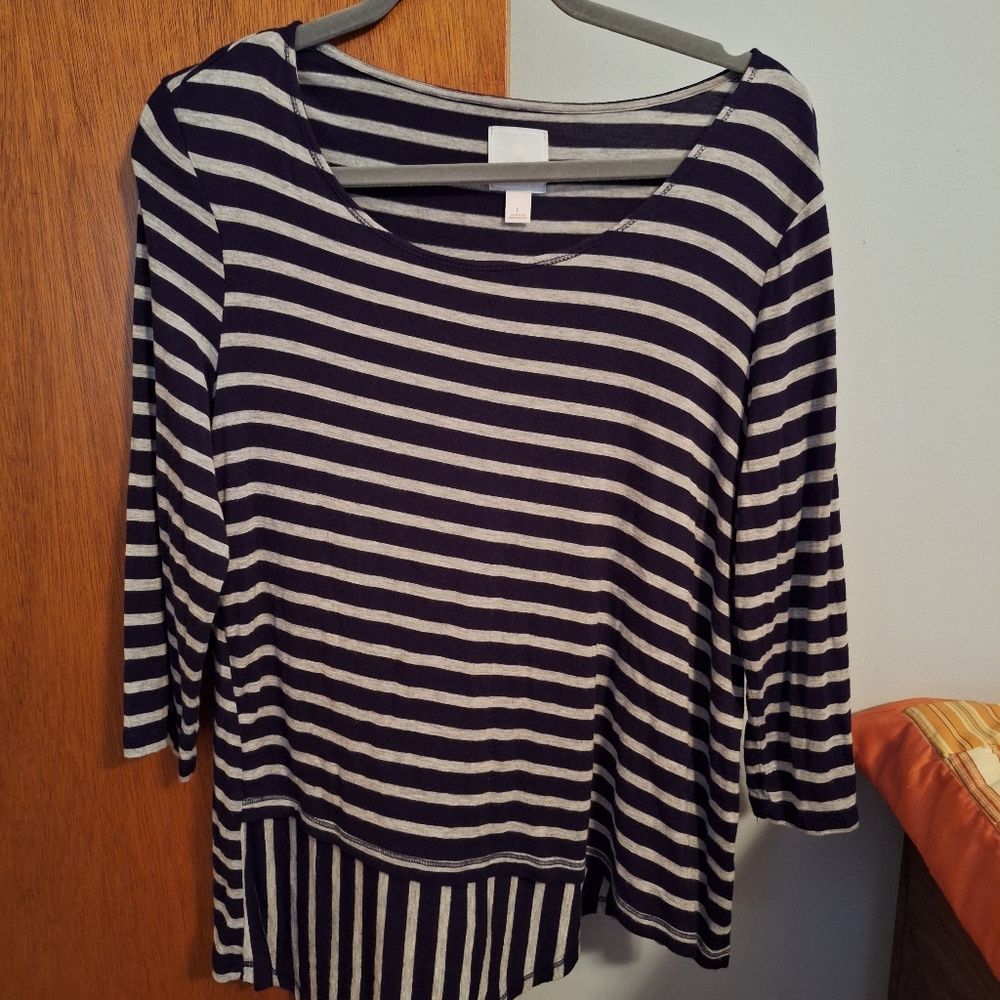 Sunday Striped Navy and Gray Women's Top With Double Hem Size L
